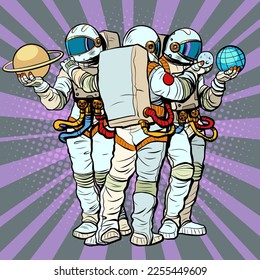 Astronauten betrachten und erkunden die Planeten des Sonnensystems. Erde und Saturn, Mond. Astronautikwissenschaft. Pop Art Retro, Vektorgrafik 50er 60er Jahre Kitsch Vintage