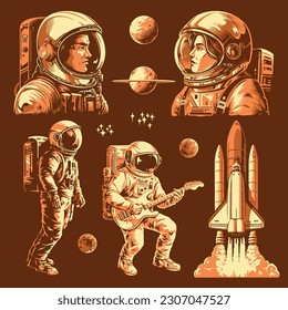 Astronauts vintage set labels monochrome with people in space suits and shuttles for interplanetary flights or scientific missions vector illustration