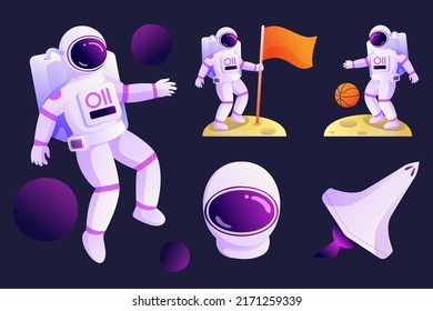 Astronauts walk on the surface of the earth to look at the landscape and plant flags. Flat vector illustration design