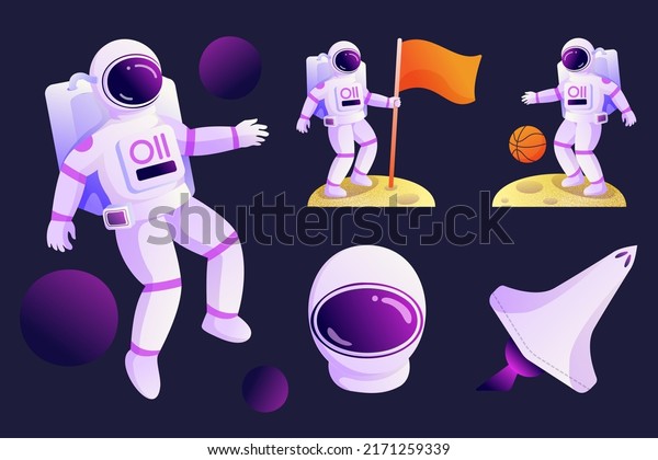 Astronauts walk on\
the surface of the earth to look at the landscape and plant flags.\
Flat vector illustration\
design