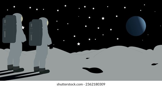 Astronauts watching Earth on the moon. Space for your text. world space week. Pattern for web page, textile,  wallpaper, banner,poster, card. World Science Fiction Day.