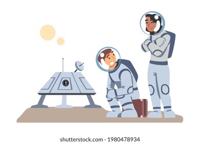 Astronauts Wearing Spacesuits Landed on Mars or Moon, Space Tourism Concept Cartoon Vector Illustration