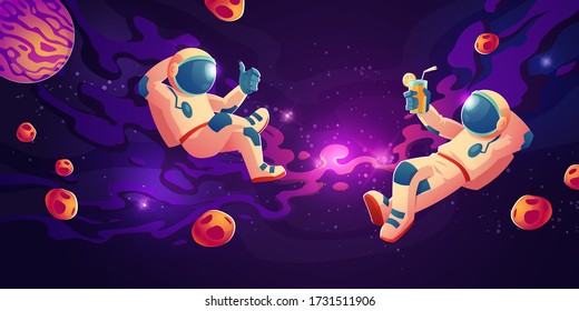 Astronauts in weightlessness drinking juice, show thumb up. Cosmonauts in zero gravity among planets, nebula and asteroids flying for fun and exploring outer cosmic space, Cartoon vector illustration.