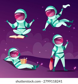 Astronauts in weightlessness vector illustration. Cartoon astronauts or cosmonauts in zero gravity on planet surface reading book, eating popcorn or flying for fun and exploring cosmic space