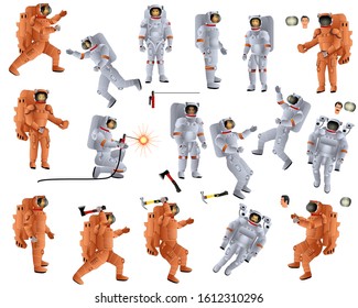 Astronauts in white and orange spacesuits work during spacewalk. Men and women in orbit. Welder in space. Space equipment. Collection. Set. Color vector illustration, isolated