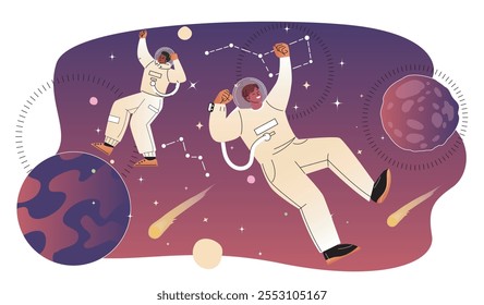 Astronauts in zero gravity. Men in spacesuits fly among stars and planets. Journey and adventure in space and cosmos. Galaxy and universe. Flat vector illustration isolated on white background