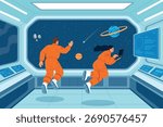 Astronauts in zero gravity. People in space, spacecraft cabin, exploration, scientists take notes, cosmonauts floating, vector illustration