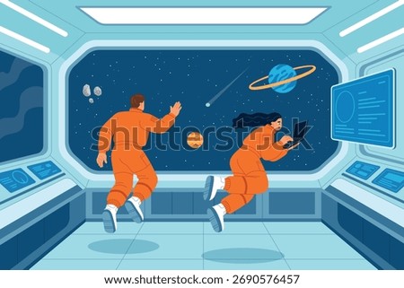 Astronauts in zero gravity. People in space, spacecraft cabin, exploration, scientists take notes, cosmonauts floating, vector illustration