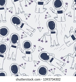 The astronaut-spaceman with purple background vector seamless pattern - Great for wallpaper,backgrounds,gifs,surface pattern design,packaging design projects, stationary,fabric