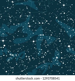 Astronnomic Art Space Seamless Pattern. Stars constellations and signs of the zodiac lines. Flat like or cartoon style simply endless repeatable night sky vector illustration background