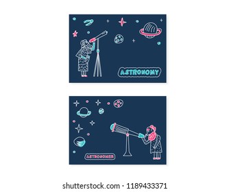 Astronom and Astronomy banners. Vector design of astronomic objects. Set of wo cards with handwritten letterind. 