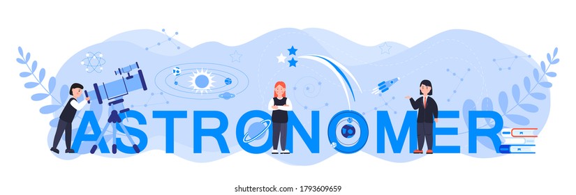Astronomer oder Astrologer-Konzept-Header-Vektorgrafik. Online-Konferenz, Fernunterricht oder Fernunterricht für Web, App, Banner. Wissenschaftler erkunden den Sternenhimmel im Observatorium.