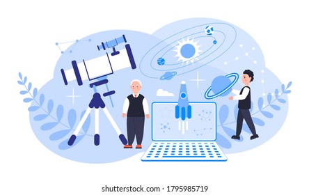 Astronomer or astrologer concept vector. Online conference, remote or distance education illustration for web, app, banner. Scientists explore the starry sky in Observatory.