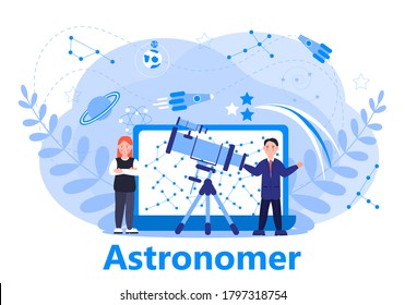 Astronomer or astrologer concept vector. Online conference, remote or distance education illustration for web, app, banner. Scientists explore the starry sky in Observatory.