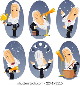 Astronomer astronomy Telescope Globe Observing Sky Stars Constellations. Vector illustration cartoon. 