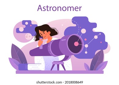 Astronomer concept. Professional scientist looking through a telescope at the stars in observatory. Astronomy research. Astrophysicist study stars map.Flat vector illustration