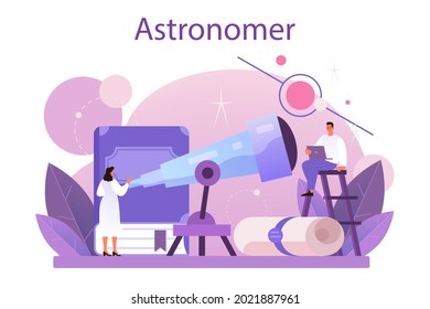 Astronomer concept. Professional scientist looking through a telescope at the stars in observatory. Astronomy research. Astrophysicist study stars map.Flat vector illustration