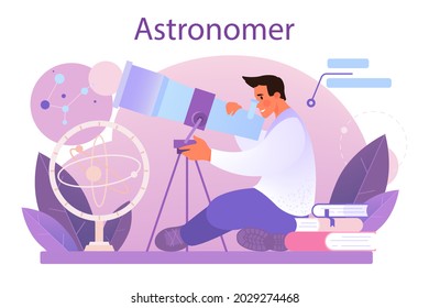 Astronomer concept. Professional scientist looking through a telescope at the stars in observatory. Astronomy research. Astrophysicist study stars map.Flat vector illustration