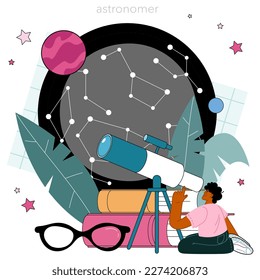 Astronomer concept. Professional scientist looking through a telescope at the stars in observatory. Astronomy research. Astrophysicist study stars map. Flat vector illustration