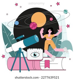 Astronomer concept. Professional scientist looking through a telescope at the stars in observatory. Astronomy research. Astrophysicist study stars map. Flat vector illustration