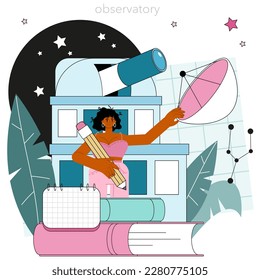Astronomer concept. Professional scientist looking through a telescope at the stars in observatory. Astronomy research. Astrophysicist study stars map. Flat vector illustration