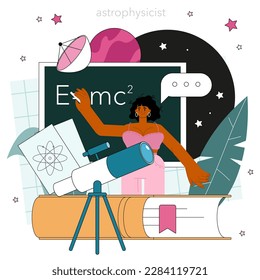 Astronomer concept. Professional scientist looking through a telescope at the stars in observatory. Astronomy research. Astrophysicist study stars map. Flat vector illustration