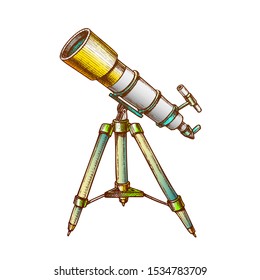 Astronomer Equipment Telescope Color Vector. Standing Telescope For Explore And Observe Galaxy And Cosmos. Discovery Optical Device Designed In Retro Style Illustration