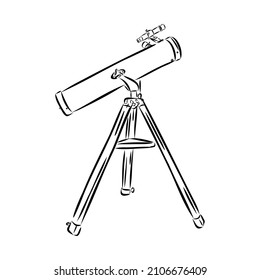 Astronomer Equipment Telescope Monochrome Vector. Standing Telescope For Explore And Observe Galaxy And Cosmos. Discovery Optical Device Designed In Retro Style Black And White Illustration