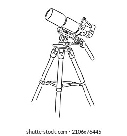 Astronomer Equipment Telescope Monochrome Vector. Standing Telescope For Explore And Observe Galaxy And Cosmos. Discovery Optical Device Designed In Retro Style Black And White Illustration