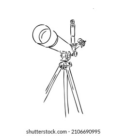 Astronomer Equipment Telescope Monochrome Vector. Standing Telescope For Explore And Observe Galaxy And Cosmos. Discovery Optical Device Designed In Retro Style Black And White Illustration