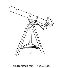 Vector monocromo del telescopio del equipo de astrónomos. Telescopio Permanente Para Explorar Y Observar La Galaxia Y El Cosmos. Dispositivo Óptico De Detección Diseñado En Estilo Retro Ilustración En Blanco Y Negro