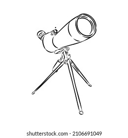 Astronomer Equipment Telescope Monochrome Vector. Standing Telescope For Explore And Observe Galaxy And Cosmos. Discovery Optical Device Designed In Retro Style Black And White Illustration