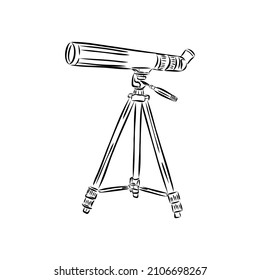Astronomer Equipment Telescope Monochrome Vector. Standing Telescope For Explore And Observe Galaxy And Cosmos. Discovery Optical Device Designed In Retro Style Black And White Illustration