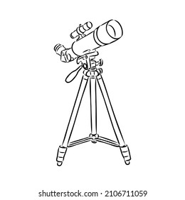 Astronomer Equipment Telescope Monochrome Vector. Standing Telescope For Explore And Observe Galaxy And Cosmos. Discovery Optical Device Designed In Retro Style Black And White Illustration