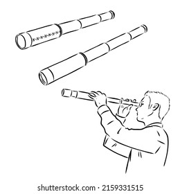 Astronomer Equipment Telescope Monochrome Vector. Standing Telescope For Explore And Observe Galaxy And Cosmos. Discovery Optical Device Designed In Retro Style Black And White Illustration