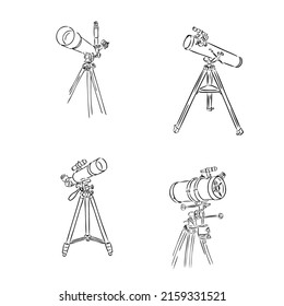 Astronomer Equipment Telescope Monochrome Vector. Standing Telescope For Explore And Observe Galaxy And Cosmos. Discovery Optical Device Designed In Retro Style Black And White Illustration