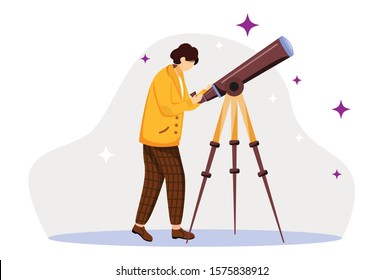 Astronomer flat vector illustration. Observing stars and planets in the sky. Scientist with special equipment. Discovering space objects. Man with telescope isolated cartoon character on white background