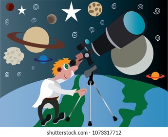 An astronomer gazes into the night sky,