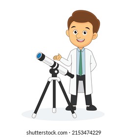 Astronomer looking through telescope on white background