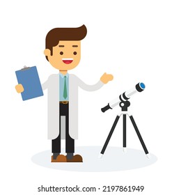 Astronomer Looking Through Telescope On White Background