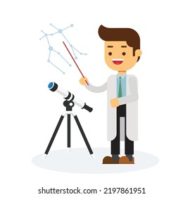 Astronomer Looking Through Telescope On White Background