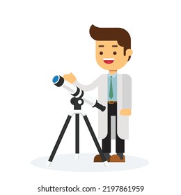 Astronomer Looking Through Telescope On White Background