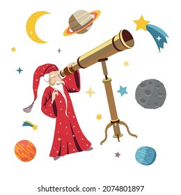 The astronomer looks through a telescope. Moon, planets, stars, kamets.