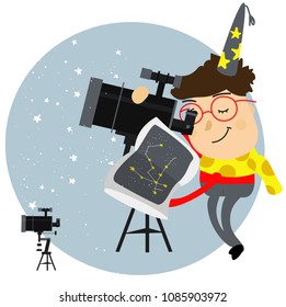 The astronomer, a man, a child looks through a telescope.deals with the stars and the starry sky, planets, searching for the book reference constellation, vector