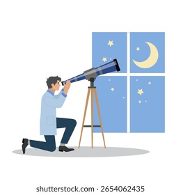 Astronomer. Man watching the stars through a telescope. Vector illustration.