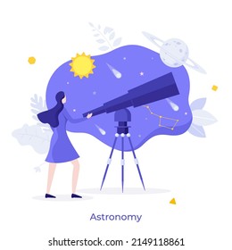 Astronomer observing sky with celestial bodies using telescope. Concept of astronomy, astronomical observation of universe, research on space objects. Modern flat vector illustration for banner.