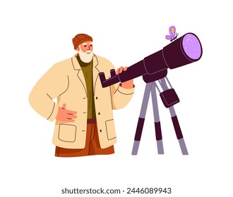 Astronomer observing stars with spyglass lens. Naturalist scientist explores nature through telescope. Old man watching for insects, butterflies. Flat isolated vector illustration on white background