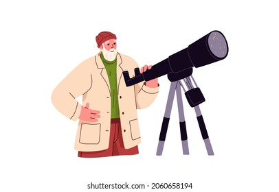 Astrónomo observando estrellas con telescopio y estudiando astronomía. Hombre científico explorando y observando el cielo. Ilustración vectorial plana de color del explorador espacial superior aislado en fondo blanco