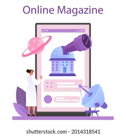 Astronomer online service or platform. Professional scientist looking through a telescope at the stars. Online magazine. Flat vector illustration