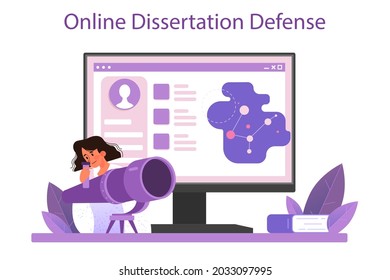 Astronomer online service or platform. Professional scientist looking through a telescope at the stars. Online dissertation defense. Flat vector illustration